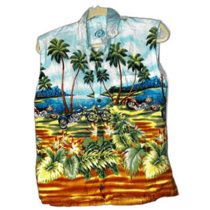 GoHawaii sleeveless button front top motorcycle palm tree scene size M